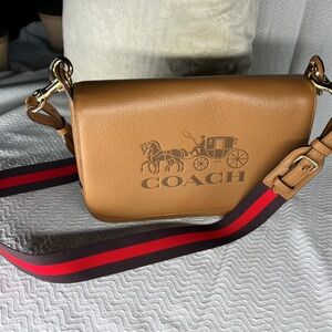 Coach Brown Leather Crossbody Bag with Striped Strap